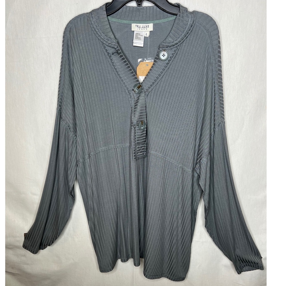 Tru Luxe Jeans Womens Grey Ribbed Henley Long Sleeve Top TJ-30137M Large NWT